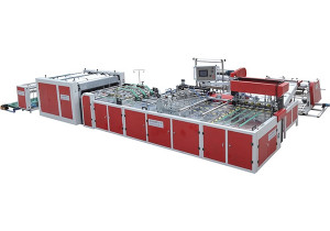 Woven bag cutting, sewing, printing, and receiving integrated machine